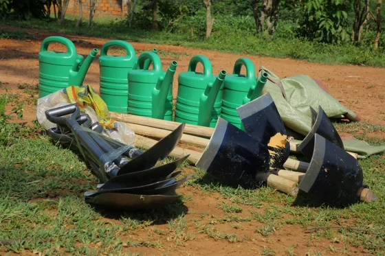 Community gardening tools and watering cans