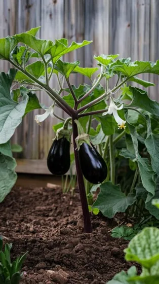 Purple eggplants on plant